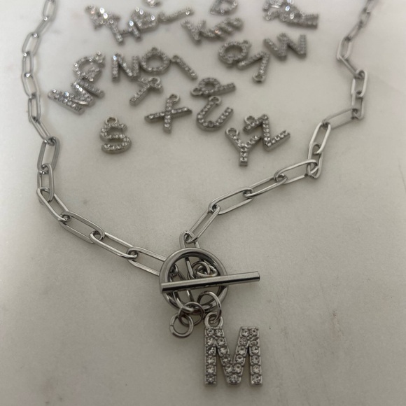 Alphabet Rhinestone Letters Toggle Silver Necklace - Picture 2 of 4